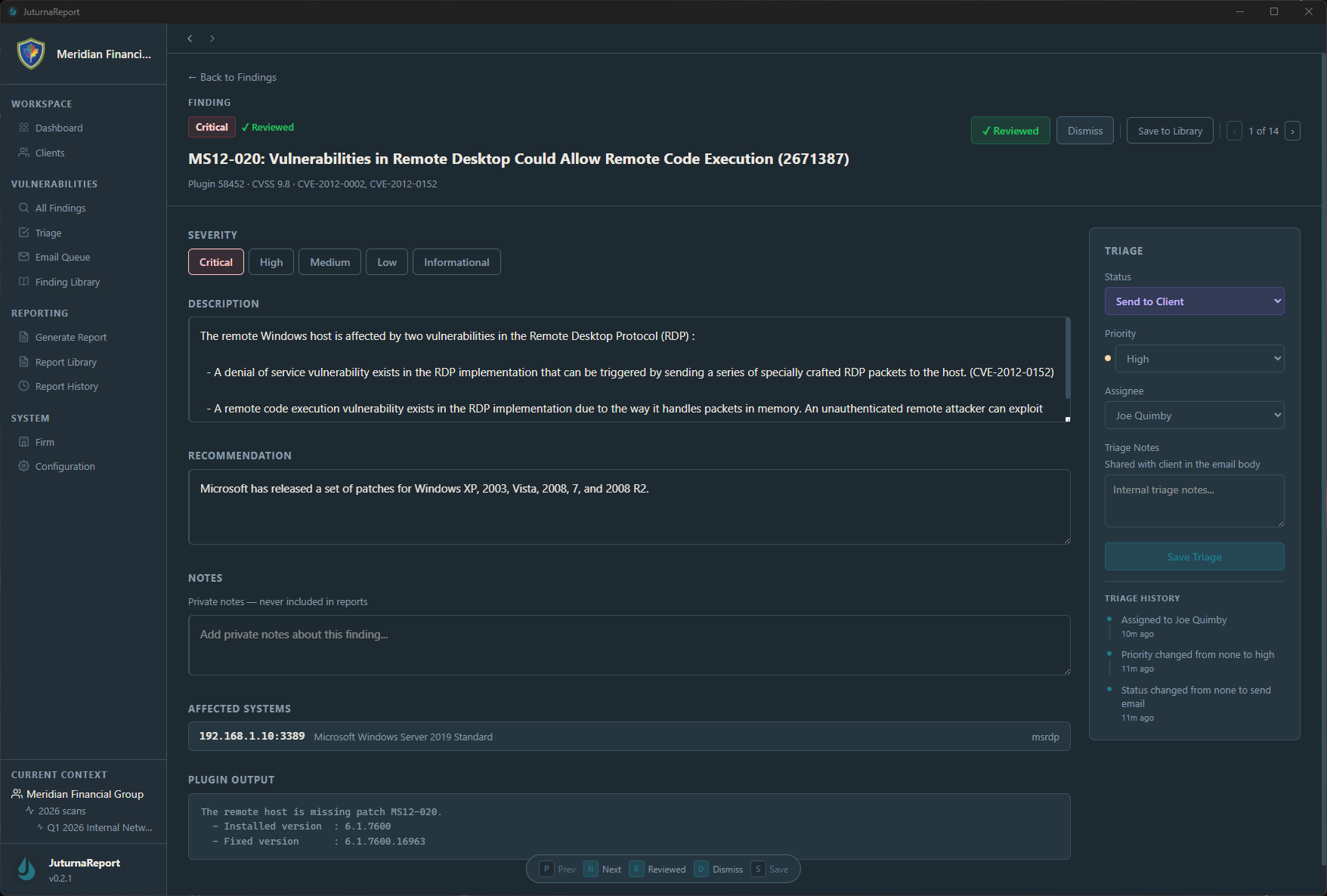 JuturnaReport finding detail showing severity, description, recommendation, affected systems, and triage panel